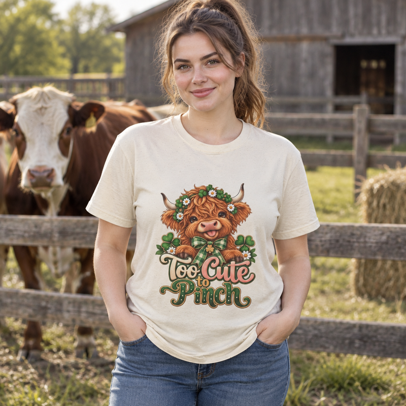 Too Cute to Pinch Highland Cow T-Shirt St. Patrick’s Day