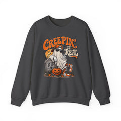 Halloween Ghost Sweatshirt — “Creepin’ It Real” Retro Pumpkin Graveyard Crewneck