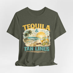 Tequila & Tan Lines Beach T-Shirt — Tropical Sunset Vacation Tee