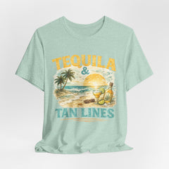 Tequila & Tan Lines Beach T-Shirt — Tropical Sunset Vacation Tee