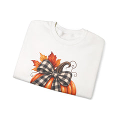 Fall Pumpkin Crewneck Sweatshirt – Buffalo Check Bow & Autumn Leaves