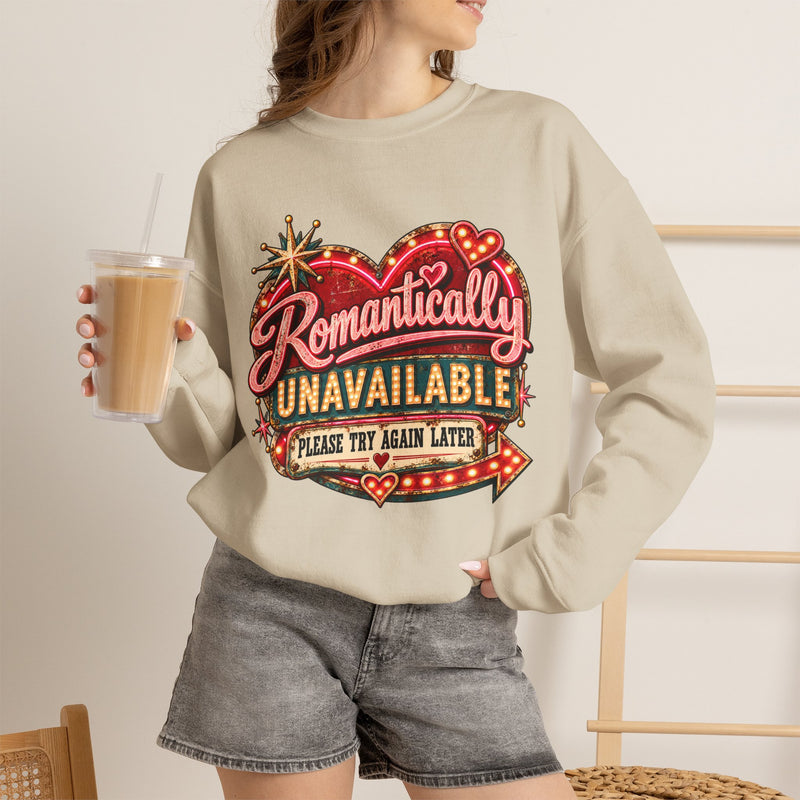Romantically Unavailable Crewneck Sweatshirt — Retro Heart Neon Sign Valentine Graphic