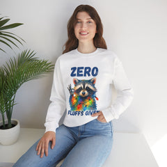 Crewneck Sweatshirt — "Zero Fluffs Given" Raccoon Holiday Gildan Crewneck