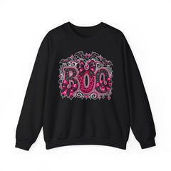 BOO Halloween Crewneck Sweatshirt — Pink Gothic Bat & Floral Design