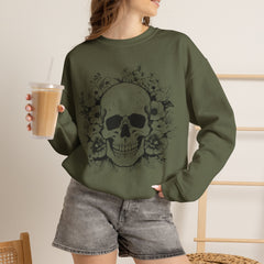 Skull & Floral Crewneck Sweatshirt — Gothic Skull with Flowers Graphic - Halloween