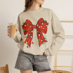 Festive Christmas Bow with Lights, Crewneck Sweatshirt, Holiday Sweatshirt, Winter Fashion, Christmas Apparel