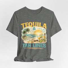 Tequila & Tan Lines Beach T-Shirt — Tropical Sunset Vacation Tee