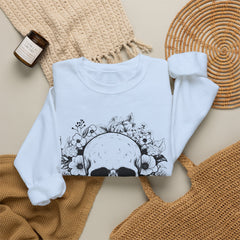 Skull & Floral Crewneck Sweatshirt — Gothic Skull with Flowers Graphic - Halloween