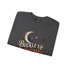 Buckle Up Witches Crewneck Sweatshirt — Retro Moon, Broom & Cauldron Halloween Pullover