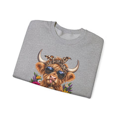 Highland Cow Floral Crewneck Sweatshirt – Sunflower Cow with Bandana & Sunglasses