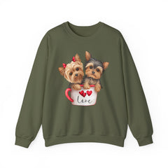 Yorkshire Terriers in Coffee Cup Sweatshirt - Valentine's Day Cuteness