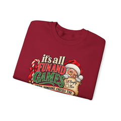 Christmas Sweatshirt — "It's all fun and games until Santa checks the naughty list" Cozy Holiday Gildan Crewneck