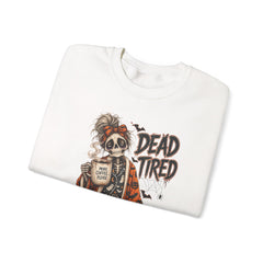 Dead Tired Halloween Crewneck Sweatshirt – Sleepy Skeleton Coffee Graphic Halloween