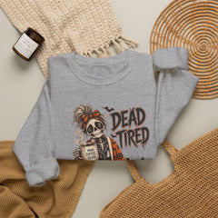 Dead Tired Halloween Crewneck Sweatshirt – Sleepy Skeleton Coffee Graphic Halloween