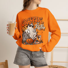 Halloween Ghost Sweatshirt — “Creepin’ It Real” Retro Pumpkin Graveyard Crewneck