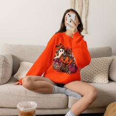 Halloween Pumpkin & Ghost Crewneck Sweatshirt — Cute Spooky Pink Leopard Fall Graphic