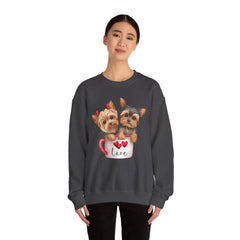 Yorkshire Terriers in Coffee Cup Sweatshirt - Valentine's Day Cuteness