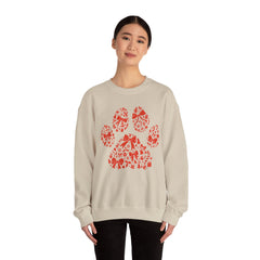 Christmas Bow Paw Print Gildan Sweatshirt — Red Heart Paw Design for Pet Lovers