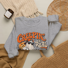 Halloween Ghost Sweatshirt — “Creepin’ It Real” Retro Pumpkin Graveyard Crewneck