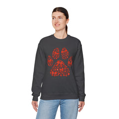 Christmas Bow Paw Print Gildan Sweatshirt — Red Heart Paw Design for Pet Lovers