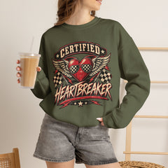 Certified Heartbreaker Crewneck Sweatshirt — Vintage Racing Winged Valentines Heart Graphic