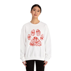 Christmas Bow Paw Print Gildan Sweatshirt — Red Heart Paw Design for Pet Lovers