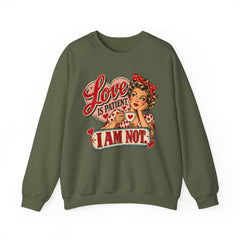 Retro Pin-Up 'Love Is Patient, I Am Not' Graphic Crewneck Sweatshirt Valentine