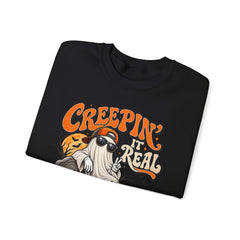 Halloween Ghost Sweatshirt — “Creepin’ It Real” Retro Pumpkin Graveyard Crewneck