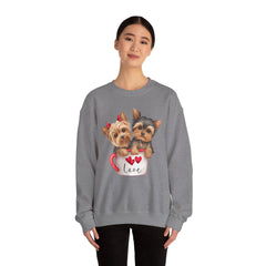 Yorkshire Terriers in Coffee Cup Sweatshirt - Valentine's Day Cuteness