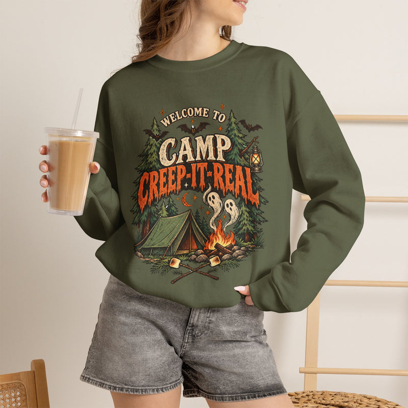 Camp Creep-It-Real Sweatshirt — Retro Spooky Camping Crewneck - Halloween Vibes
