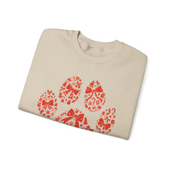 Christmas Bow Paw Print Gildan Sweatshirt — Red Heart Paw Design for Pet Lovers