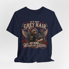 It's Not Grey Hair It's Wisdom Glitter T-Shirt — Vintage Skull & Rose Biker Tee for Women & Men