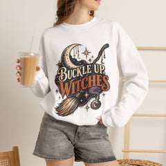 Buckle Up Witches Crewneck Sweatshirt — Retro Moon, Broom & Cauldron Halloween Pullover