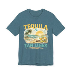 Tequila & Tan Lines Beach T-Shirt — Tropical Sunset Vacation Tee