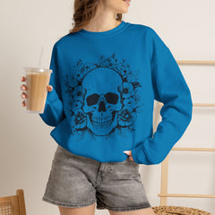 Skull & Floral Crewneck Sweatshirt — Gothic Skull with Flowers Graphic - Halloween