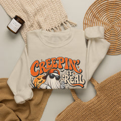 Halloween Ghost Sweatshirt — “Creepin’ It Real” Retro Pumpkin Graveyard Crewneck