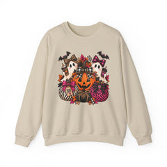 Halloween Pumpkin & Ghost Crewneck Sweatshirt — Cute Spooky Pink Leopard Fall Graphic