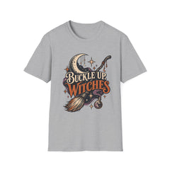 Buckle Up Witches T-Shirt — Retro Moon & Broom Halloween Tee- BP
