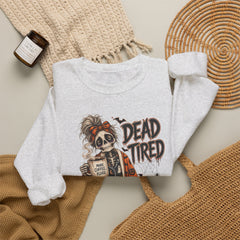 Dead Tired Halloween Crewneck Sweatshirt – Sleepy Skeleton Coffee Graphic Halloween