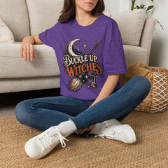 Buckle Up Witches T-Shirt — Retro Moon & Broom Halloween Tee- BP