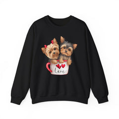 Yorkshire Terriers in Coffee Cup Sweatshirt - Valentine's Day Cuteness