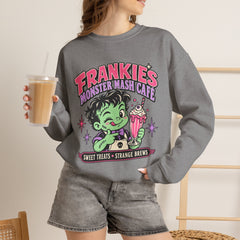 Frankie’s Monstermash Café Sweatshirt — Retro Cute Frankenstein Milkshake Halloween Crewneck