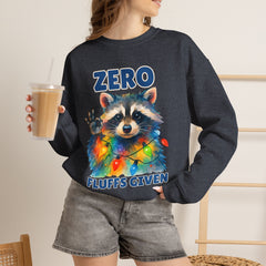 Crewneck Sweatshirt — "Zero Fluffs Given" Raccoon Holiday Gildan Crewneck