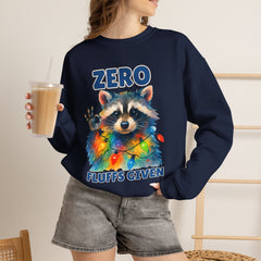 Crewneck Sweatshirt — "Zero Fluffs Given" Raccoon Holiday Gildan Crewneck