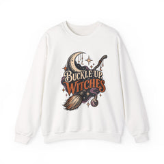 Buckle Up Witches Crewneck Sweatshirt — Retro Moon, Broom & Cauldron Halloween Pullover