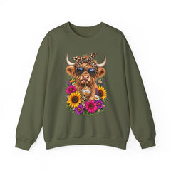 Highland Cow Floral Crewneck Sweatshirt – Sunflower Cow with Bandana & Sunglasses