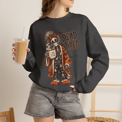 Dead Tired Halloween Crewneck Sweatshirt – Sleepy Skeleton Coffee Graphic Halloween