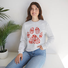 Christmas Bow Paw Print Gildan Sweatshirt — Red Heart Paw Design for Pet Lovers