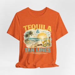Tequila & Tan Lines Beach T-Shirt — Tropical Sunset Vacation Tee