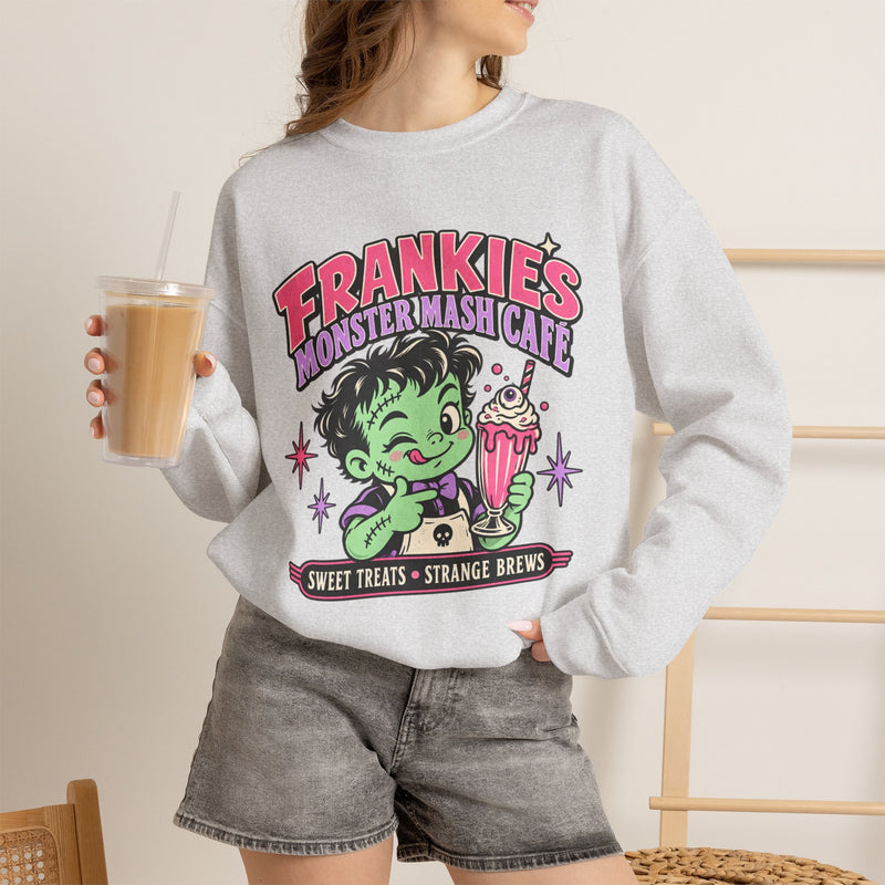 Frankie’s Monstermash Café Sweatshirt — Retro Cute Frankenstein Milkshake Halloween Crewneck